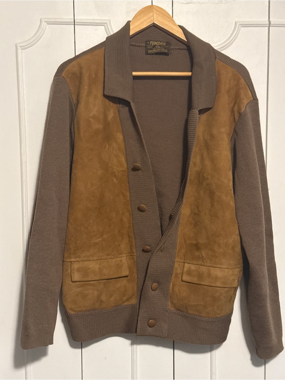 Tundra Suede Panel Knit Cardigan in Brown